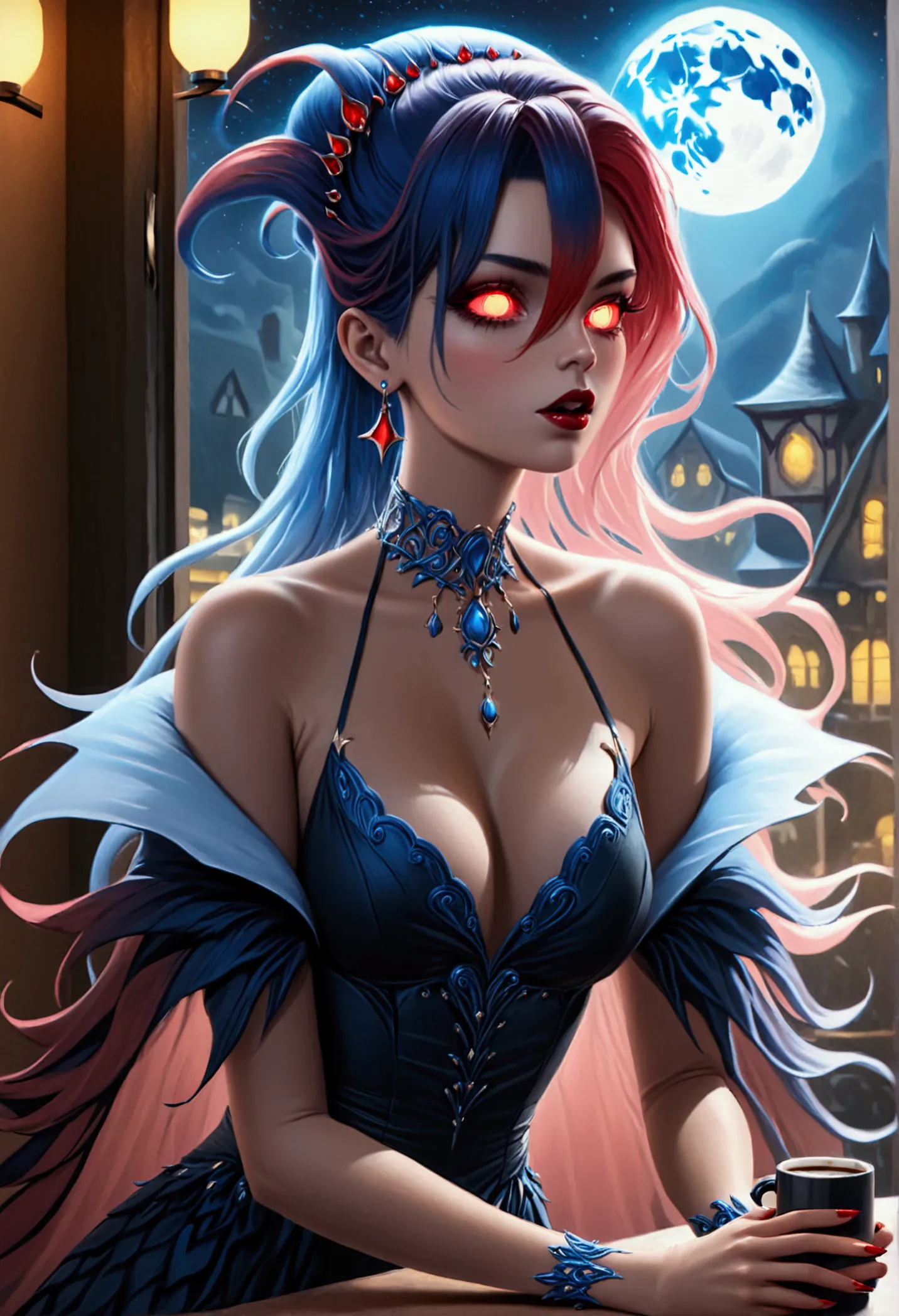 fantasy art, rpg art, a vampire sitting in a coffee shop drinking blood from a mug, female vampire, dynamic hair color, dynamic ...