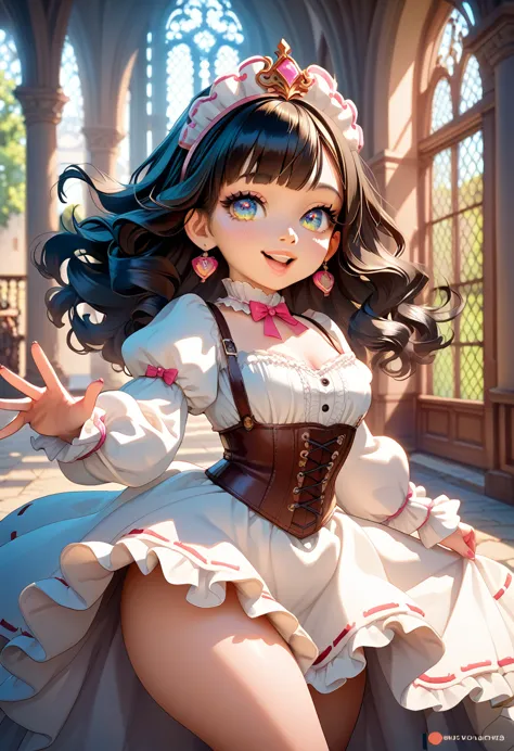 anime medieval fantasy style, a beautiful ((shortstack dwarf girl)), long black hair reaching down to her waist, cute white dres...