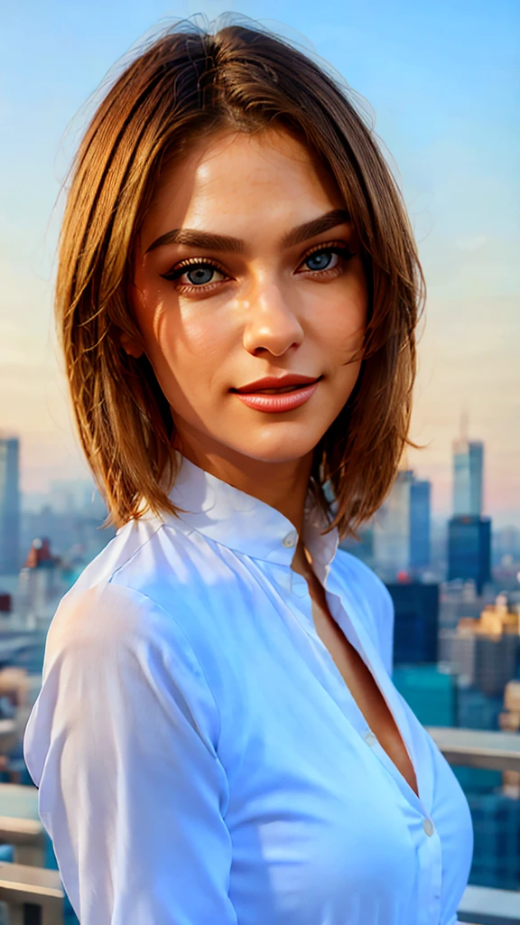 Professional photograph, portrait, up close shot of GA1, 35 yo attractive woman, long blonde hair combed to the sides, posing on the roof of a tall building in New York, she's wearing a a nice white blouse, brightly smiling at the viewer, she's happy. 4k, bokeh, 8k, absurdres, masterpiece, highest quality, award winning shot,  it's night time, dark sky, photorealism, ray-tracing