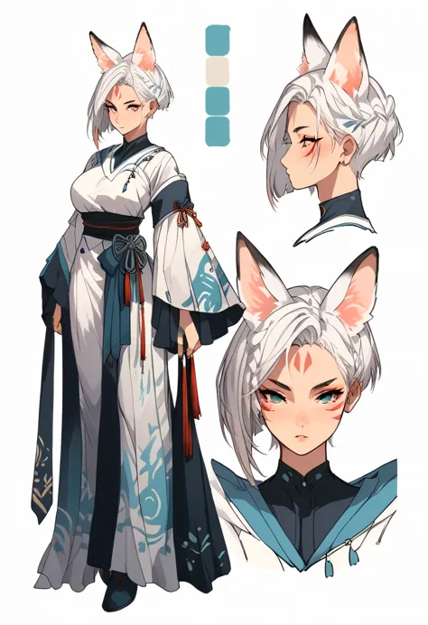 character sheet,girl,alone,short hair,long hair,sidecut,hairstyle combed to the left,white hair,fox ears,ghawazee clothes,white ...