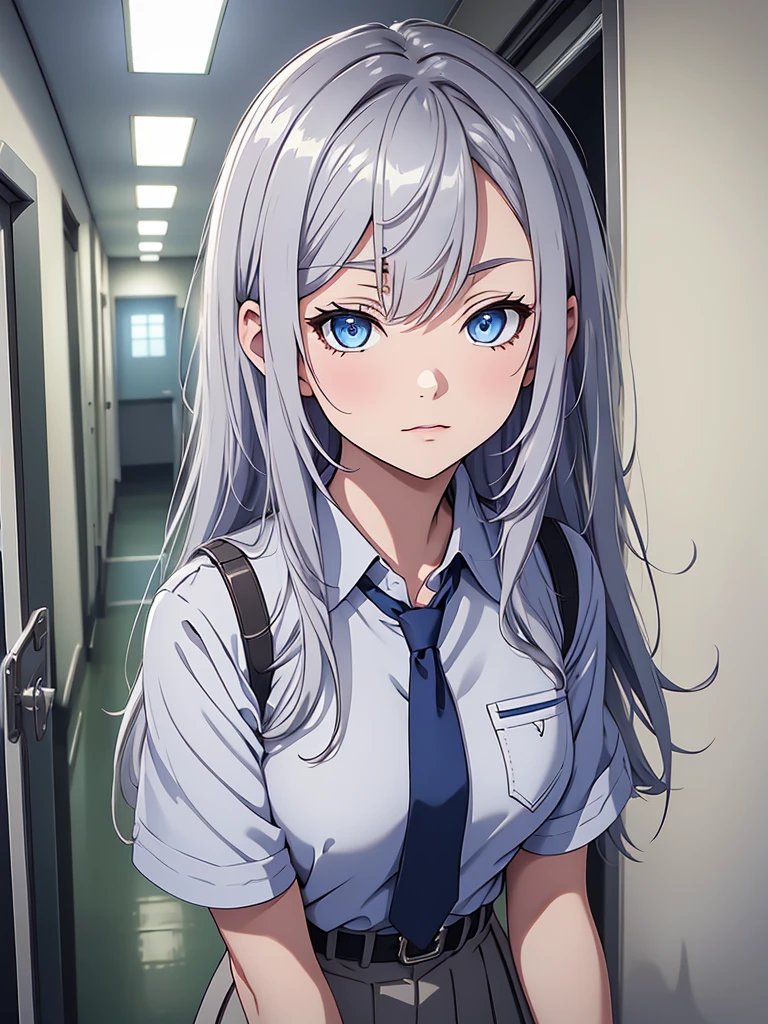 (high res, 8K, masterpiece, looking at viewer, best quality, very aesthetic, ultra detailed, ultra background, ultra Eyes) intricate details, 1girl, Alya, White short-sleeved shirt, light blue gray tie, left chest pocket, light blue gray skirt, wearing a belt, Long silvery hair, blue eyes, Her almond-shaped eyes, Cheeks Flushed, Normal Face, Background School Hallway, Cinematic Angle