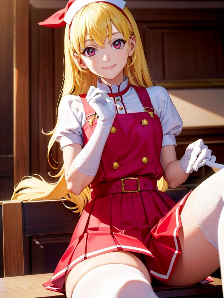 (best quality,4k,highres:1.2),ultra-detailed,realistic:1.37,portraits,vivid colors,indoor lighting

Girl with red ribbon on a headband is sitting at a table. She has beautiful blond hair and is wearing a nurse:1.5, white wear, ((white legwear, zettai ryouiki)), white gloves. She is looking at the viewer with an adorable smile. The scene has a very detailed background with perfect lighting. The girl is lifting her skirt slightly, revealing a pair of red panties with a pointed style from the bottom. The overall image should have the best quality, be in high resolution, and have vivid colors. The style of the image should be realistic with a focus on portraits. The lighting should create a warm and inviting indoor atmosphere.