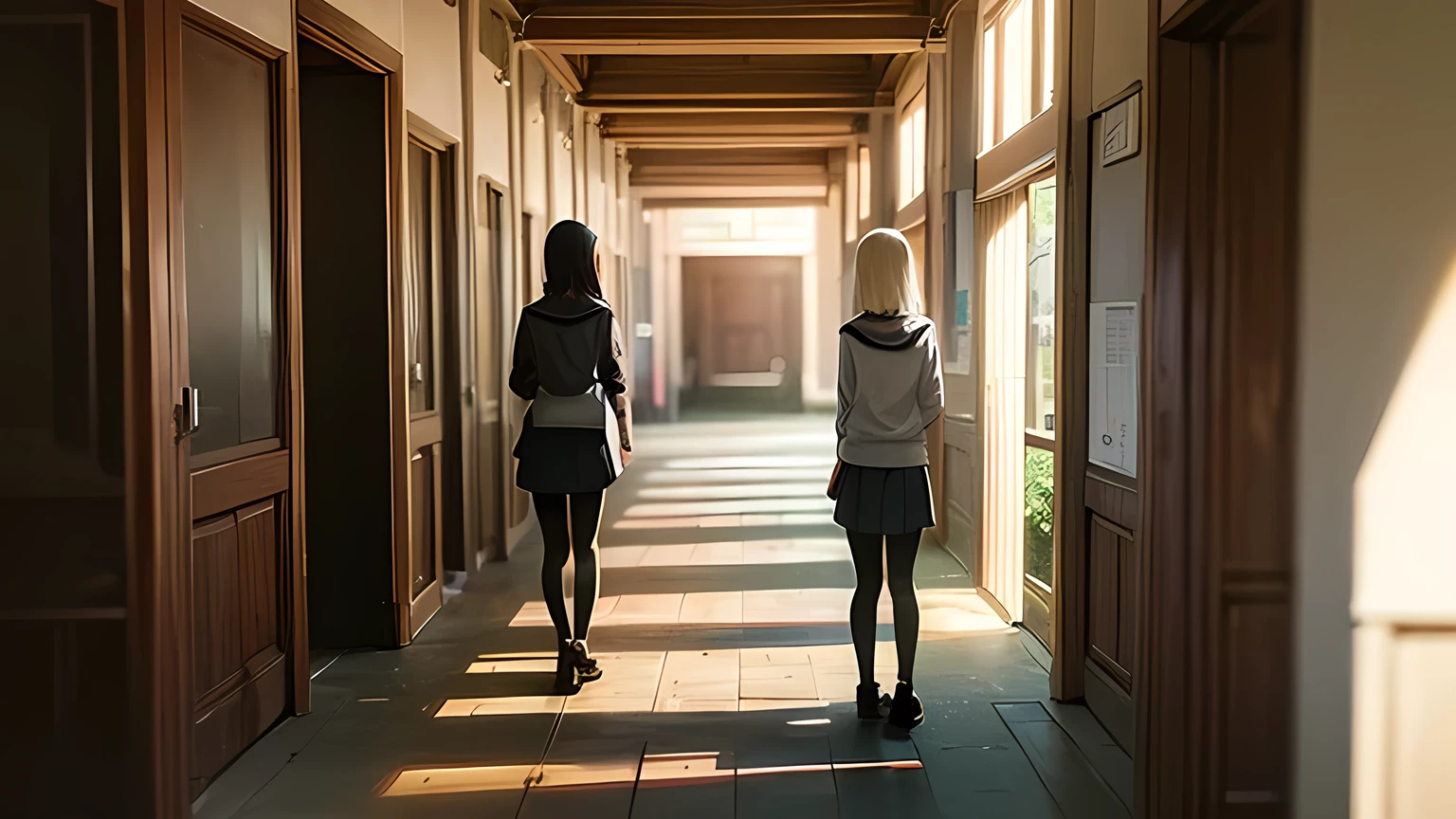 masterpiece, anime style dark school interior, gloomy atmosphere, students with blurred shadowy faces walking around