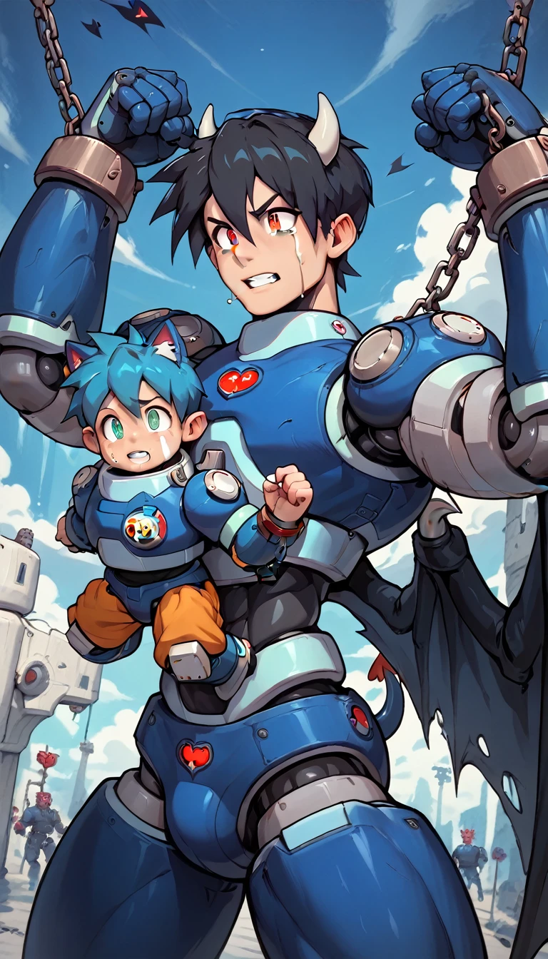 ((Blue haired cat ear boy)),Wearing a white coat,(((Baby face boy))),Shorts,Anatomically correct, (((8k resolution))),He is holding a thick dictionary.,Bodybuilder-like muscles,Big Wings,A thick chest peeking out from the open chest,Black shirt,Pull down the orange hood on your neck,((Devilish body,evil magic circle,cyborgの悪魔,Ejaculate)),Crying with big mouth open,Grit your teeth,Drooling,Always wear cat ears,Huge muscles,muscles like the hulk,((Huge penis,Anal Sex)),Pitch black skin,Faint,A roar of strength,Milking,cyborg,(((((a lot of boys,Portrait,Chained Devil)))))m3g4m4n,armor,Black Hair