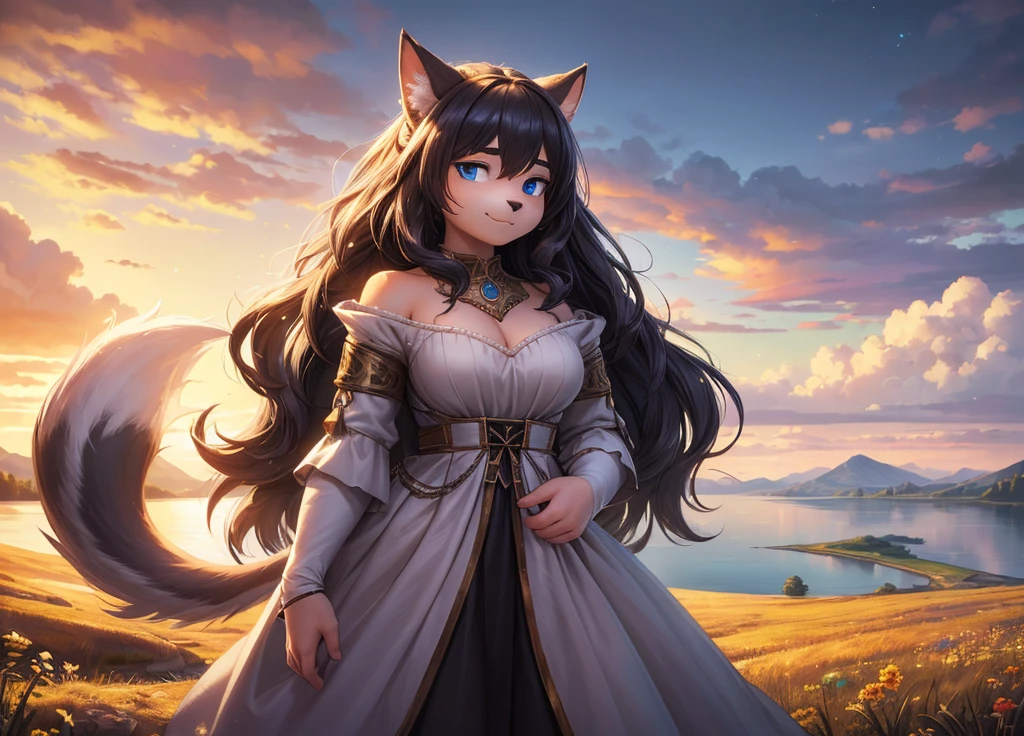 a girl in a fluffy white dress, large bust, fluffy tail, unfurling skirt, looking at camera with sparkling deep blue eyes, round eyebrows, soft smile, standing on a hill overlooking a lake, wolf-like features including furry ears and feet, long wavy hair, wearing a large black ribbon, medieval fantasy costume,(best quality,4k,8k,highres,masterpiece:1.2),ultra-detailed,(realistic,photorealistic,photo-realistic:1.37),HDR,UHD,studio lighting,ultra-fine painting,sharp focus,physically-based rendering,extreme detail description,professional,vibrant colors,bokeh,pop art style,concept art landscape,warm soft lighting,jewelry