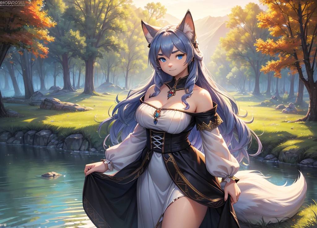 a girl in a fluffy white dress, large bust, fluffy tail, unfurling skirt, looking at camera with sparkling deep blue eyes, round eyebrows, soft smile, standing on a hill overlooking a lake, wolf-like features including furry ears and feet, long wavy hair, wearing a large black ribbon, medieval fantasy costume,(best quality,4k,8k,highres,masterpiece:1.2),ultra-detailed,(realistic,photorealistic,photo-realistic:1.37),HDR,UHD,studio lighting,ultra-fine painting,sharp focus,physically-based rendering,extreme detail description,professional,vibrant colors,bokeh,pop art style,concept art landscape,warm soft lighting,jewelry