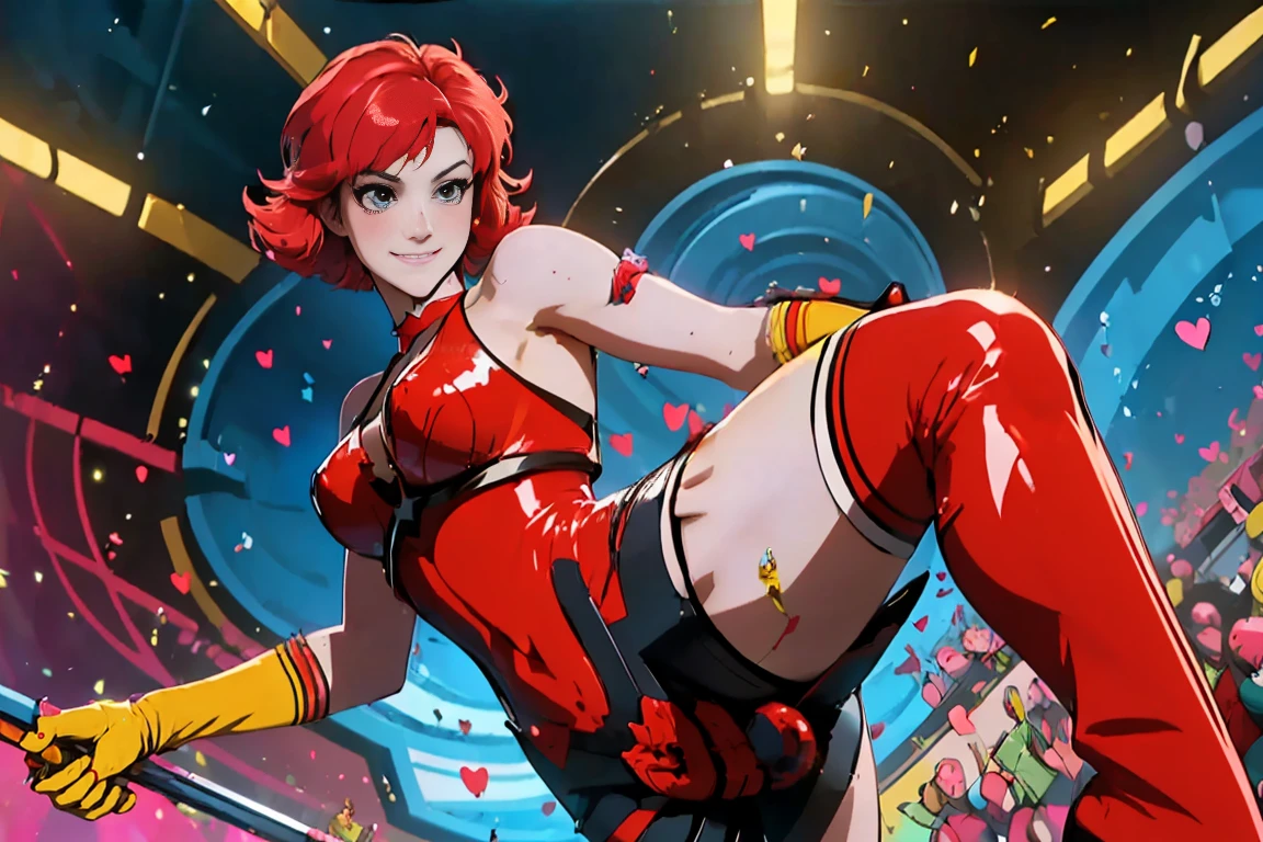 ((masterpiece, Highest quality, High resolution)), ((Highly detailed CG integrated 8K wallpaper)), (Huge and stunning goddess shot, Very hot and sexy, Incredible beauty, Perfect Proportions, Beautiful body, Slim body beauty:1.1), 1 female, Anime Girls, cutie Honey, ((Redhead, Short hairs are shed outwards, Big eyes, detailed face and eyes, Looking into the camera:1.3)), ((Blue and red tight suit, detailed latex suit, Shiny, Blue top, Red from abdomen to legs, detailed, Mid Lift Top, Cleavage cutout, Cleavage, Fits perfectly to the skin, Halter neck, No sleeve, Exposing shoulders, Bare back, Covered navel, Heart choker, Yellow gloves, Elbow hand pockets, Yellow Boots, Knee-high boots, Bracelet:1.5)), The fabric is exploding, Hands on hips, Spread your legs, smile, Dynamic pose, Exploding Background,