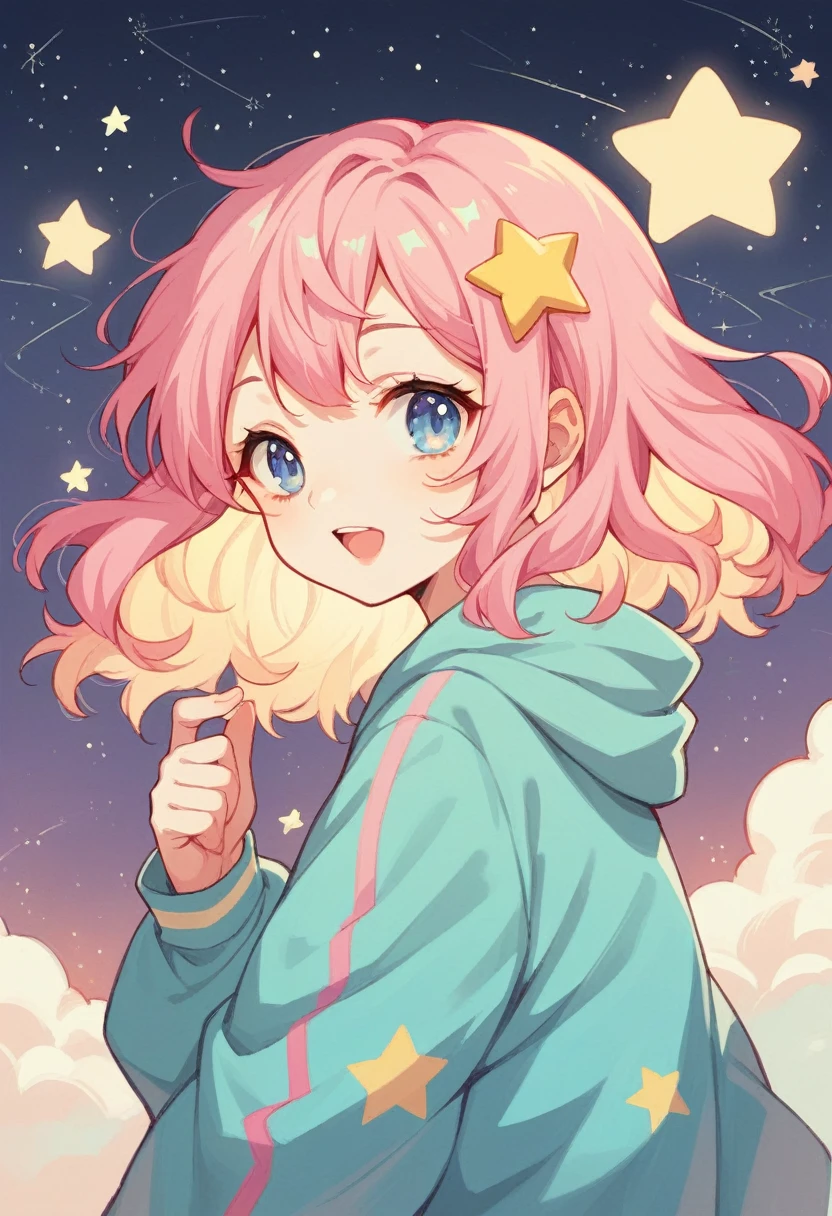 neondskdrmsxl, score_9_up, score_8_up, score_7_up, score_6_up, 1girl, solo, pastel colors, open mouth, star , (symbol), star hair ornament, hair ornament, cloud hair, looking at viewer, blue eyes, pastel neon lighting, source_anime, neon, neon theme ,