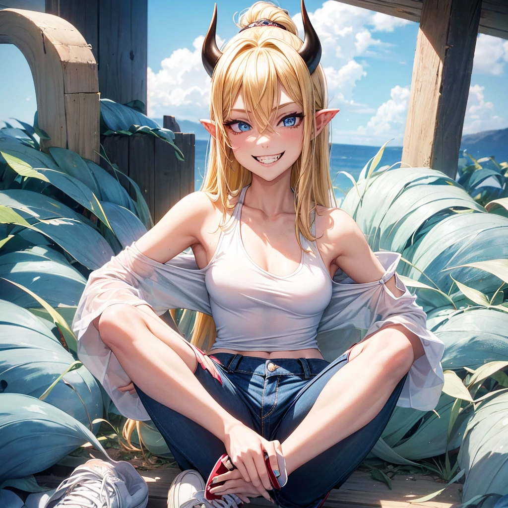 1girl, in full height (Body Full 1.1), Horns, smile, long fangs, hairlong, looking a viewer, small breasts, punk, low cut jeans, blue eyes, Hair between the eyes, (with grinning shoulders:1.3), White T Shirt Ultra transparent, blonde woman, tenis Shoes, sexy clothes,