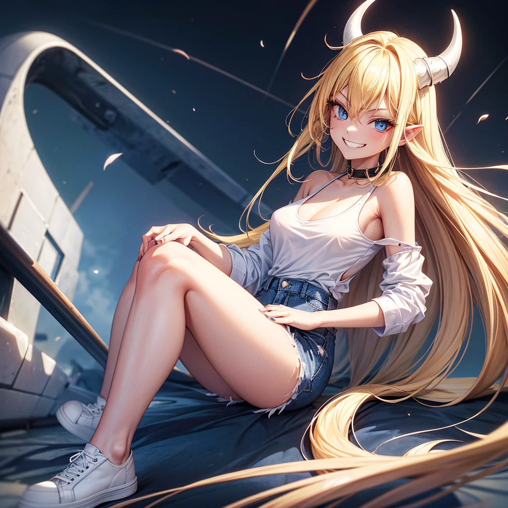 1girl, in full height (Body Full 1.1), Horns, smile, long fangs, hairlong, looking a viewer, small breasts, punk, low cut jeans, blue eyes, Hair between the eyes, (with grinning shoulders:1.3), White T Shirt Ultra transparent, blonde woman, tenis Shoes, sexy clothes, 