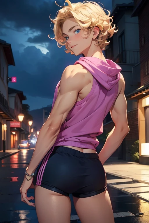 A teenage boy of , sensuous, suntanned, with short blonde curly hair and blue eyes, beautiful and cute face with a seductive smile, the boy wears a purple sleeveless sweatshirt and very short and tight pink mini shorts,  TAKING A WALK, rear view, standing backwards, showing the ass, theme a rainy night.