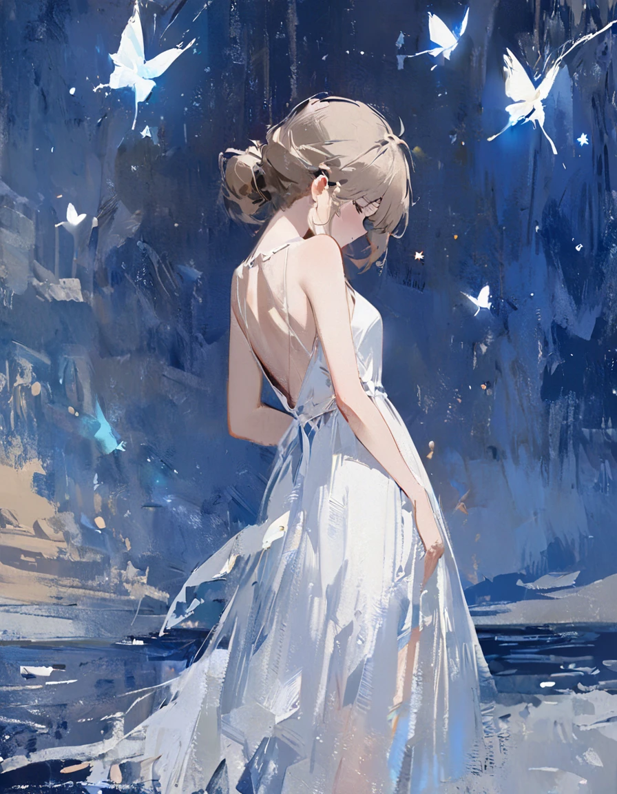 Masterpiece, one girl, white dress, back view, oil painting style, night, crescent moon, seaside, many stars, A glowing butterfly flies