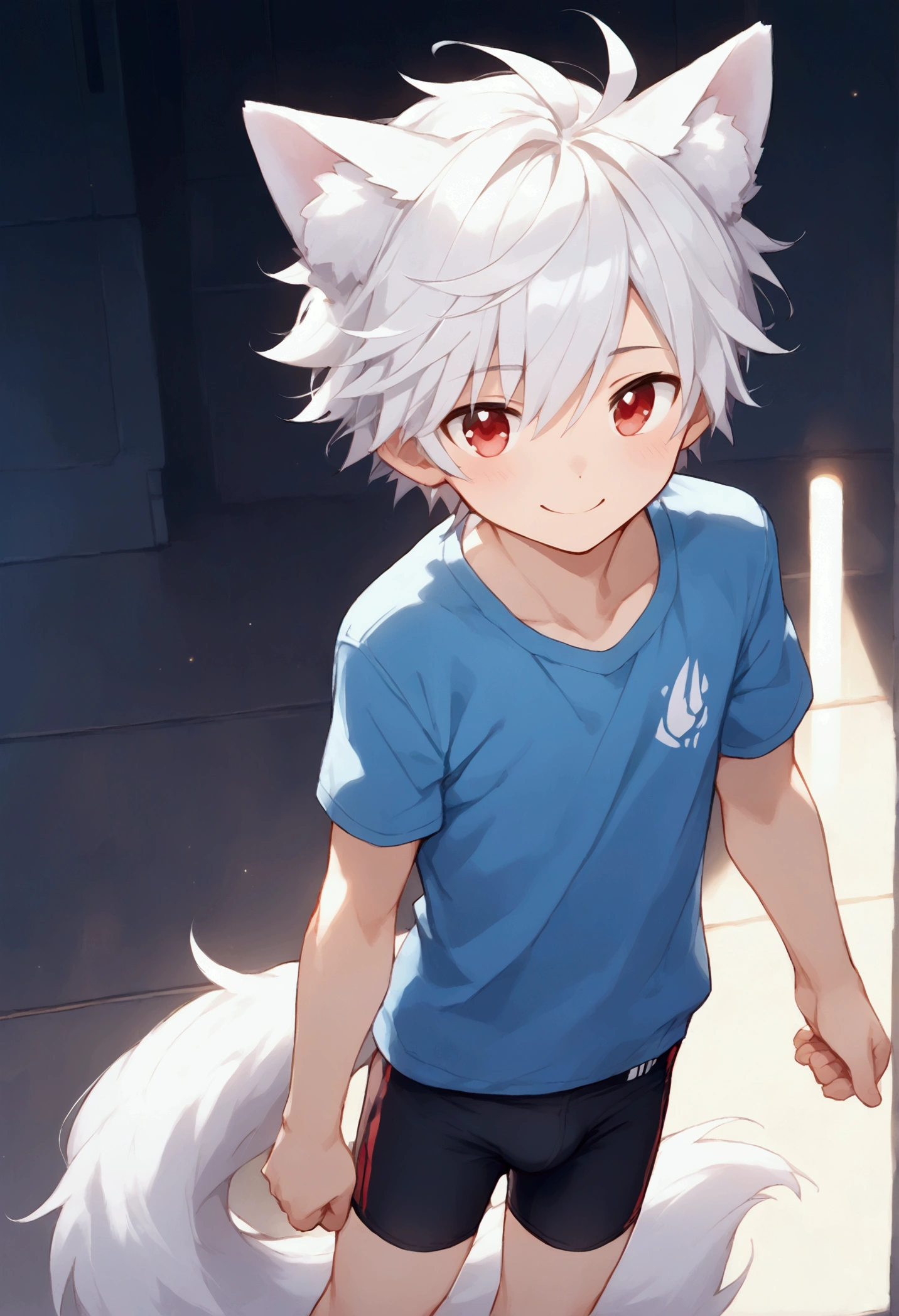 Cute boy with white hair and red eyes, he has wolf ears and a wolf tail, smiling slyly, he stands in tight boxers and socks