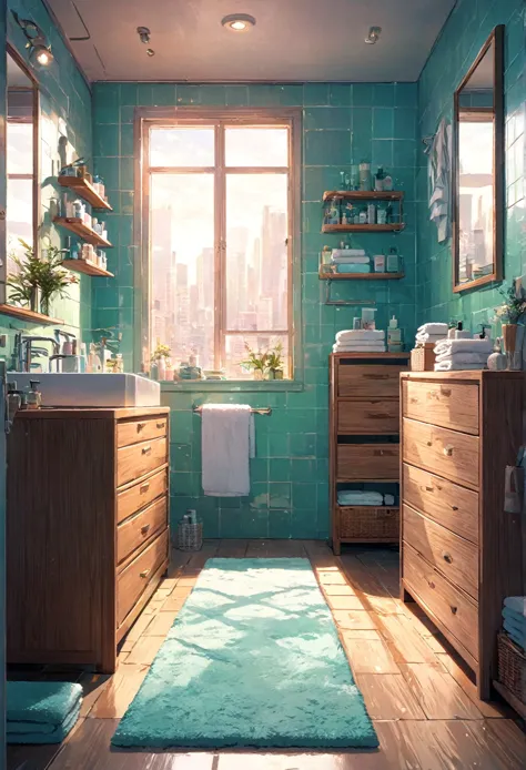 bathroom with turquoise tiles, wooden dresser, mirror with small shelves, organized toiletries, towels stacked neatly, cozy rugs...