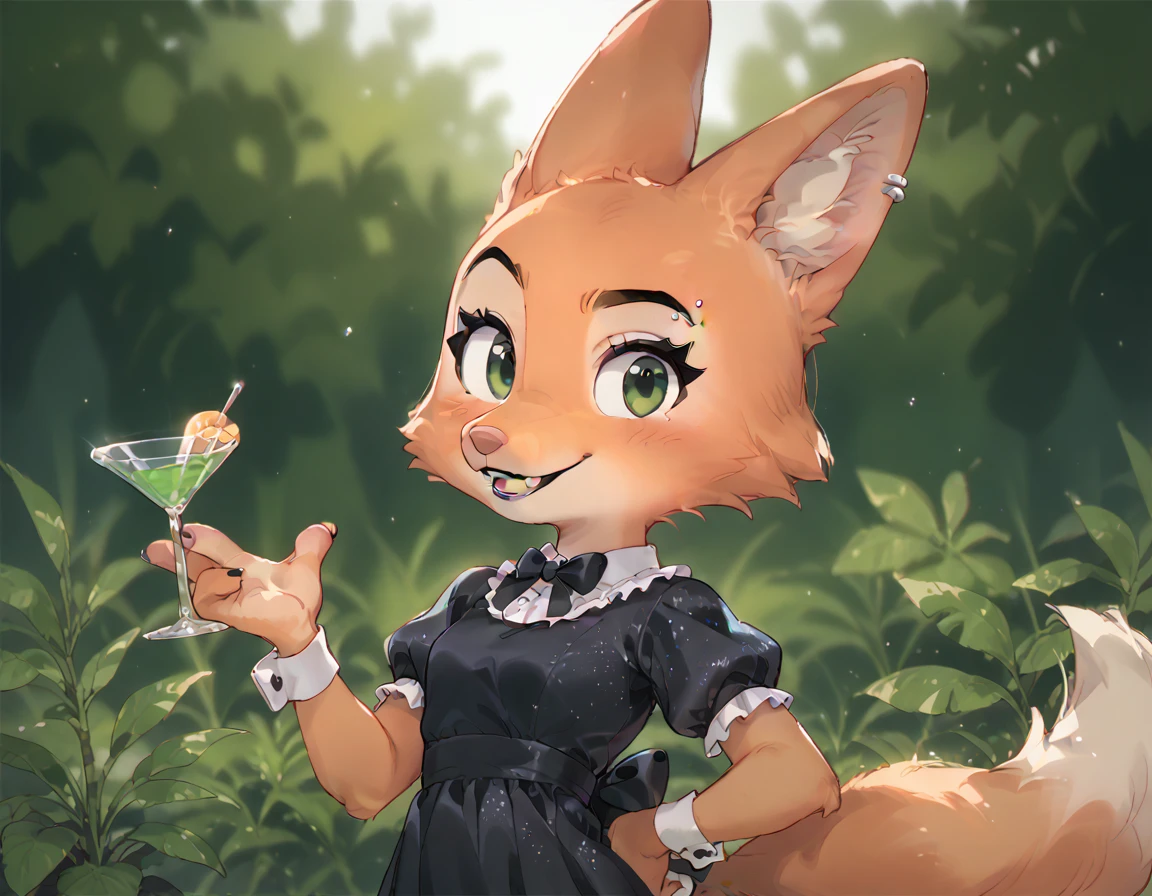 score_9, score_8_up, score_7_up, 2D art, digital art, Diane_Foxington, black eyebrows, silver piercings on eyebrow, fox tail, 4 fingers, black lipstick, emerald eyes, ginger fur, dusty-pink nose, dress, by diives