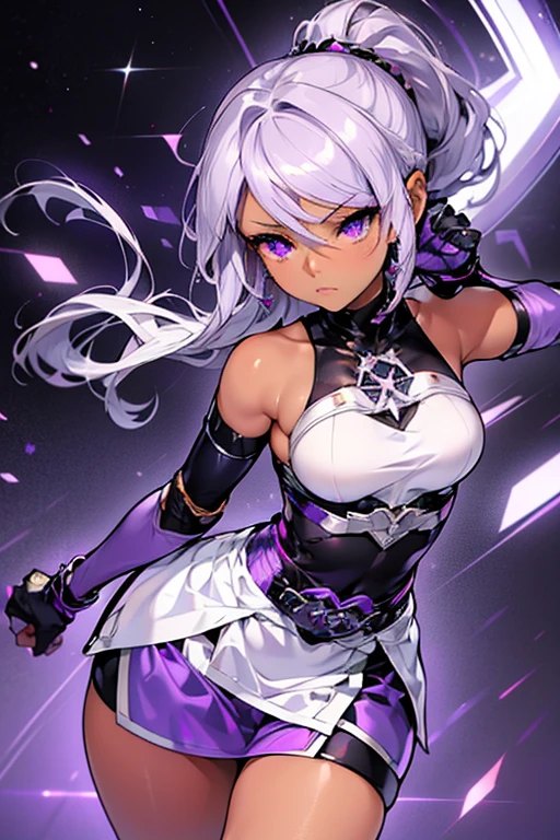 Produce an anime-style image, The girl, skin black, , ha ((purples eyes)) enchanting. {darkskin} hair as white as snow, The girl de corpo inteiro, Possession of a goddess, an ancient goddess, Galaxy Eyes,  ((one caracter))), Woman, (((darkskin)))), white hair in a ponytail, Purple eyes with a galaxy, Round glasses with slightly dark lenses, being these orange lenses, and light blue frame, (((Black metallic gauntlets and greaves with purple and silver highlights)), (((The clothes have a mix of modern and tribal)))), Sendo predominanhaente preta, but with purple parts, shoulders exposed, on the hips, shorts that extend to mid-thigh in black.
