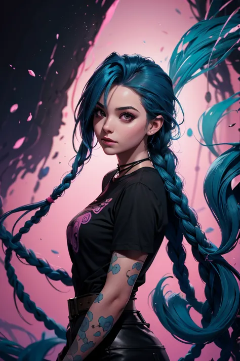 a woman with blue hair and a black shirt is standing in front of a pink background, lois van baarle and rossdraws, portrait of j...