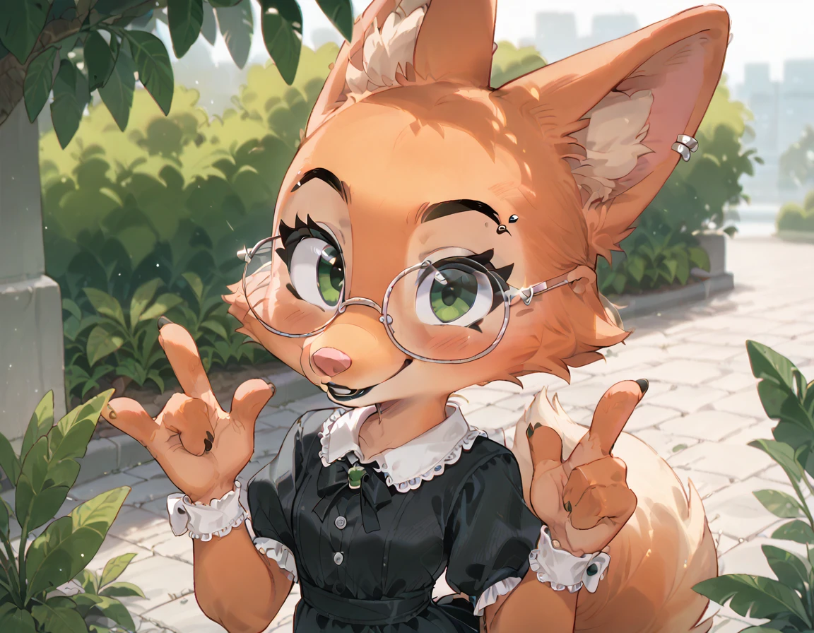 score_9, score_8_up, score_7_up, 2D art, digital art, Diane_Foxington, black eyebrows, silver piercings on eyebrow, fox tail, 4 fingers, black lipstick, emerald eyes, ginger fur, dusty-pink nose, glasses, dress, cute, by diives