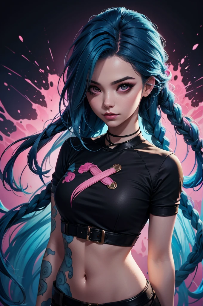 a woman with blue hair and a black shirt is standing in front of a pink background, lois van baarle and rossdraws, portrait of jinx from arcane, artgerm and lois van baarle, rossdraws 2. 0, rossdraws 1. 0, rossdraws 2. 5, artgerm and rossdraws, artgerm comic, 8K image quality, Masterpiece black background with pink brush splash, 8K image quality, Masterpiece