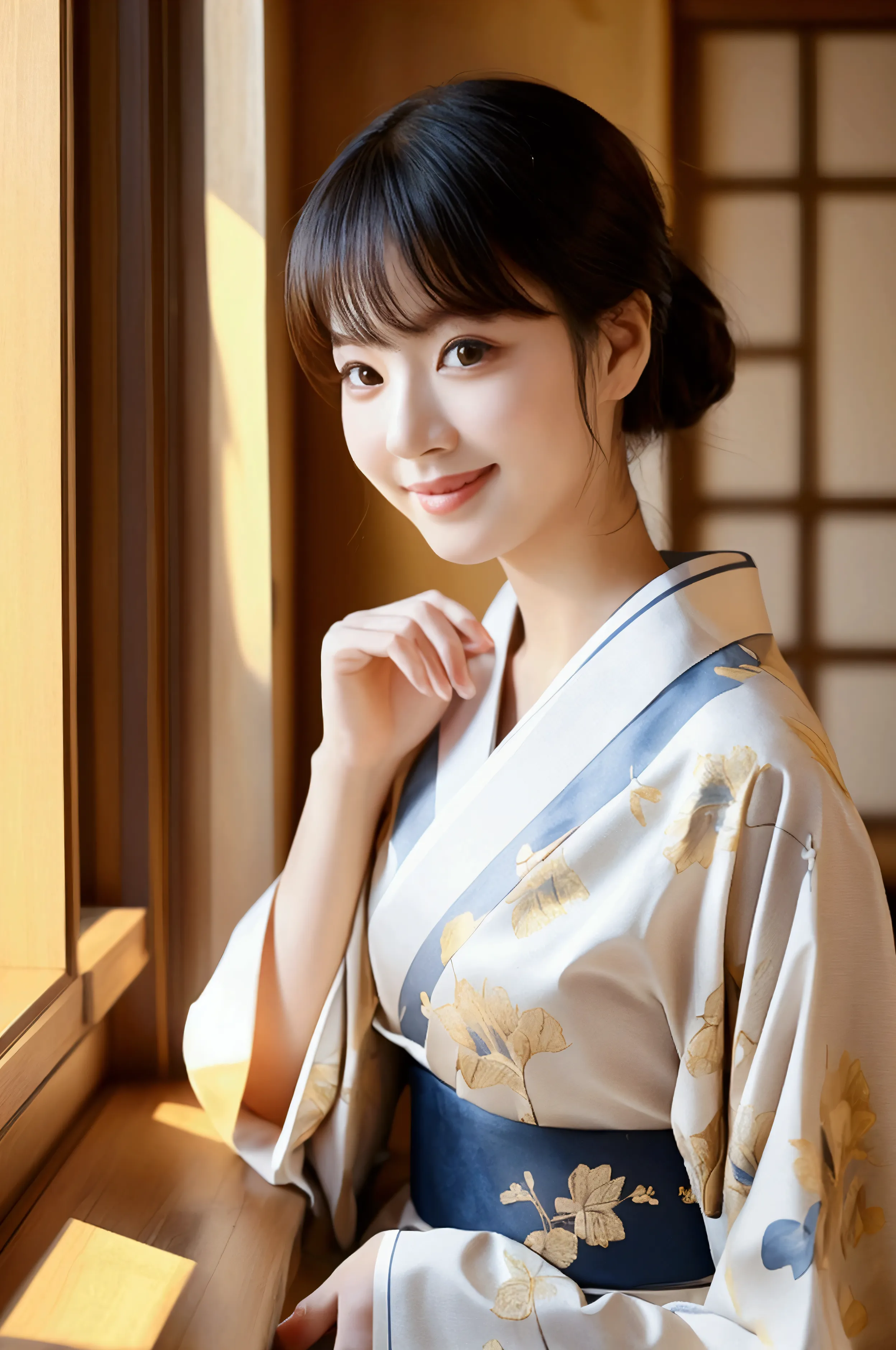 smile、8k quality、highest quality、beautiful eyes、healthy body shape、traditional japanese beauty、a beautiful woman in a kimono ble...