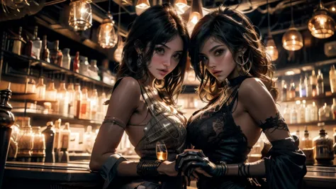 2 barista girls, whiskey, bar, low angle view, neon light, dynamic pose, illustration, highly detailed, cinematic lighting, dram...