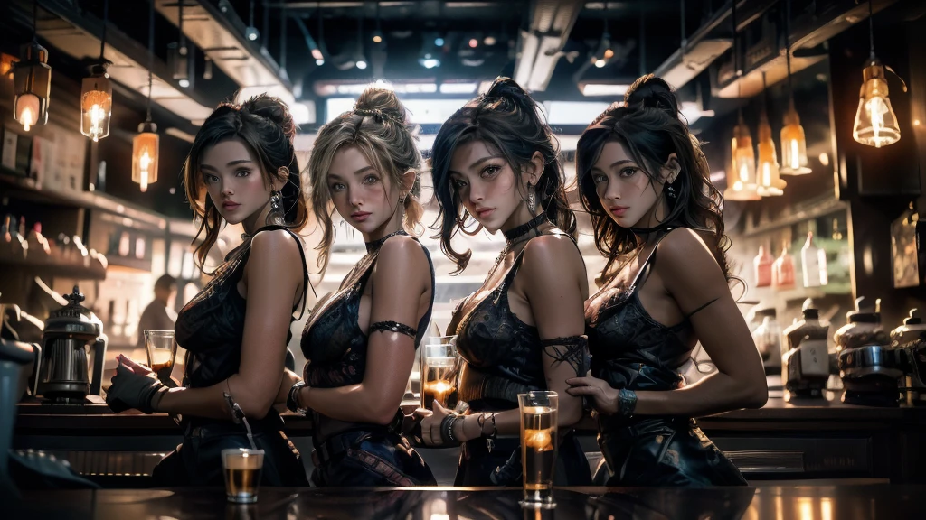 2 barista girls, whiskey, bar, low angle view, neon light, dynamic pose, illustration, highly detailed, cinematic lighting, dramatic shadows, photorealistic, 8k, hyper detailed, masterpiece, best quality, intricate details, chiaroscuro lighting, realistic materials, vivid colors, moody atmosphere, cinematic composition