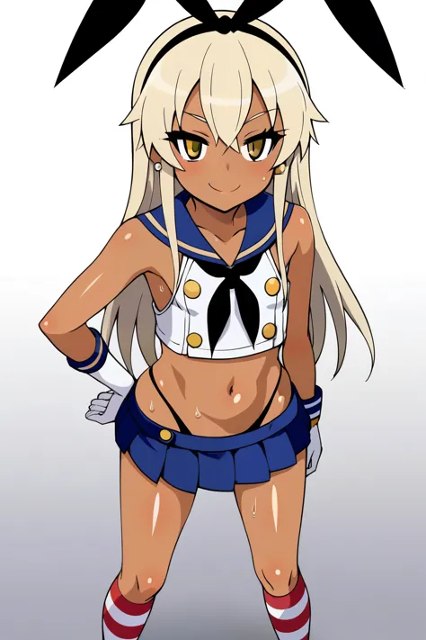 Renso Ho-chan, shimakaze (Fleet Collection), ，alone, Long Hair, View your audience, blush, smile, Simple Background, shirt, Flat Chest，Very short stature，blonde, White Background, belly button, Hair between the eyes, Mouth closed, Expose your shoulders, underwear, school uniform, clavicle, whole body, Yellow Eyes, Pleated skirt, hair band, Sleeveless, Seraphim, - Elbow hand pockets, abdomen, White gloves, mini skirt, Striped clothing, Crop top, Blue Skirt, Wet, Skin dentition, High Leg, From above, Striped knee socks, Blue sailor collar, Alternative Breast Size, black neckerchief，ganguro, Dark Skin, Dark skinned women, White makeup, eye shadow, Earrings