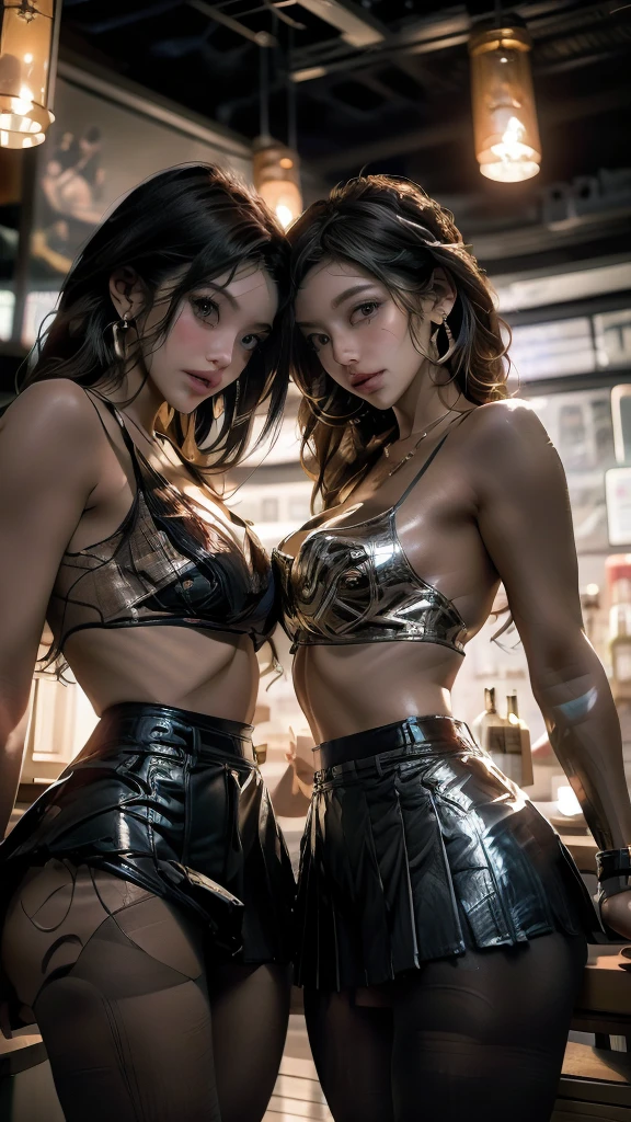 2 barista girls, whiskey, bar, pleated skirts, low angle view, neon light, dynamic pose, illustration, highly detailed, cinematic lighting, dramatic shadows, photorealistic, 8k, hyper detailed, masterpiece, best quality, intricate details, chiaroscuro lighting, realistic materials, vivid colors, moody atmosphere, cinematic composition