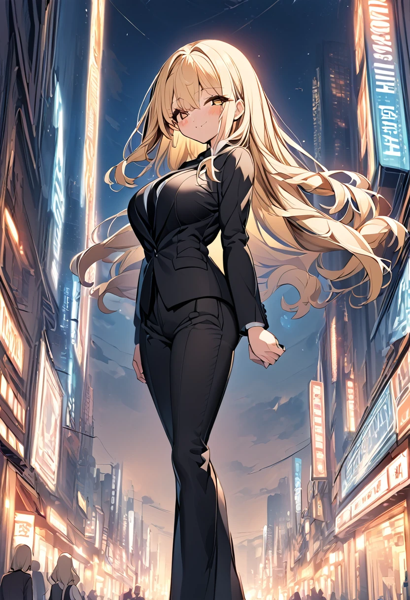 One girl　Cute Girls　Anime Style　Anime Face　Anime Style　Beauty　Big Breasts　Black pants suit　Black colored shirt　Black color tie　Blonde hair　Straight Hair　long hair