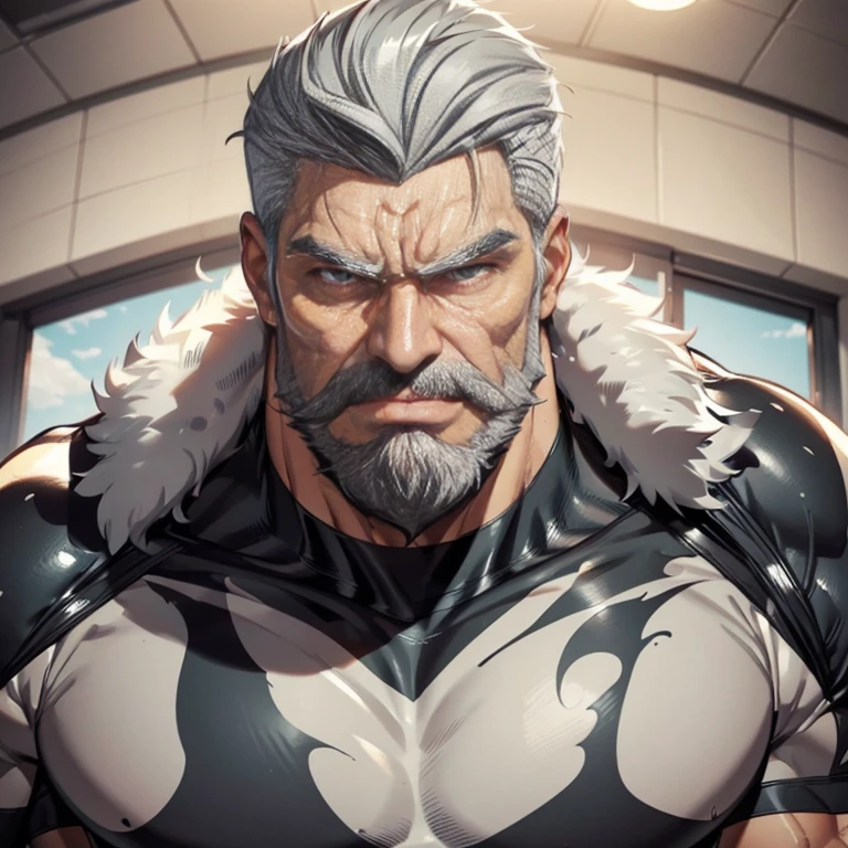 a muscular man, Quiff hairstyle, gray hair, gray mustache, gray beard, venom symbiote, large white spider logo on symbiote, handsome face, detailed eyes, nose and lips, 8k, high quality, photorealistic, dramatic lighting, cinematic