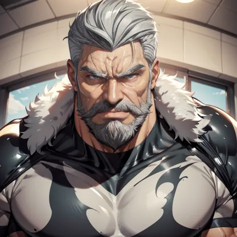 a muscular man, quiff hairstyle, gray hair, gray mustache, gray beard, venom symbiote, large white spider logo on symbiote, hand...