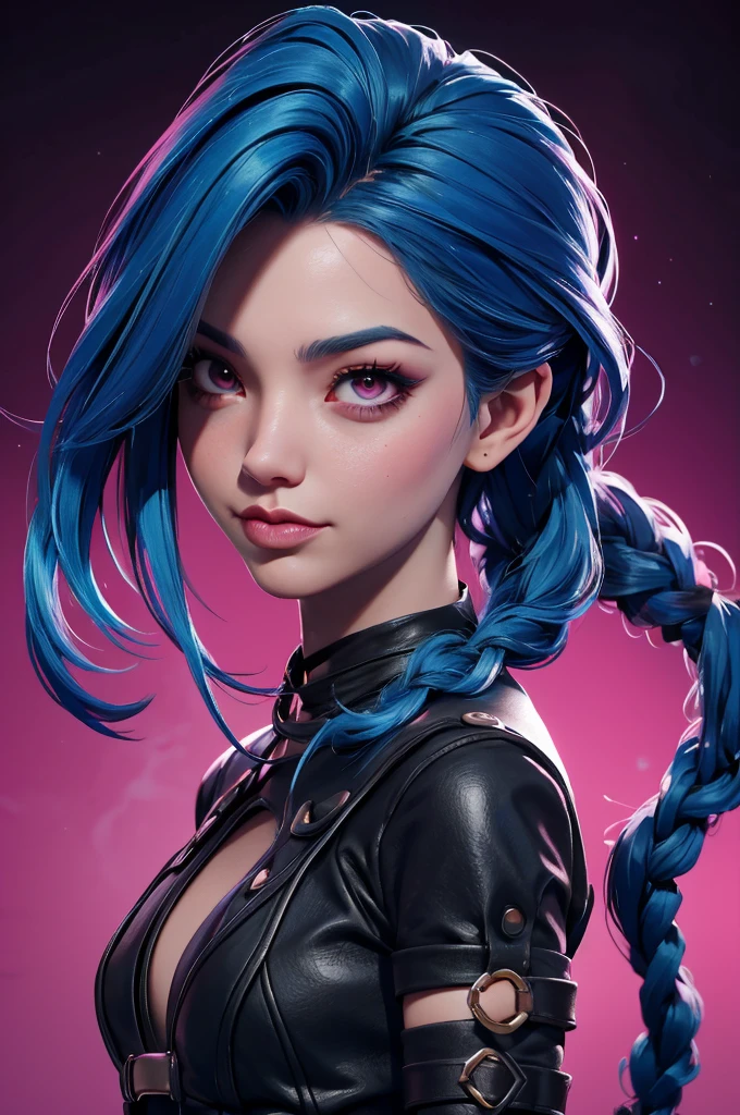 a woman with blue hair and a black shirt is standing in front of a pink background, lois van baarle and rossdraws, portrait of jinx from arcane, artgerm and lois van baarle, rossdraws 2. 0, rossdraws 1. 0, rossdraws 2. 5, artgerm and rossdraws, artgerm comic, 8K image quality, Masterpiece black background with pink brush splash, 8K image quality, Masterpiece