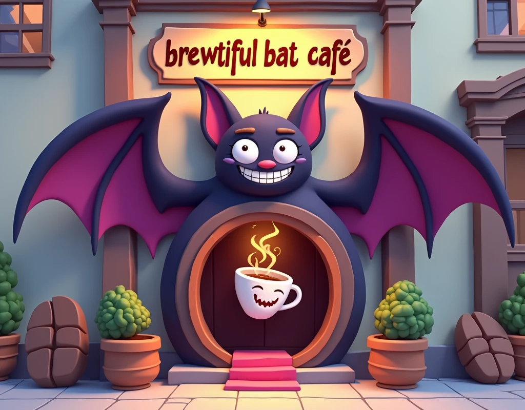 Cartoon style, pastel colors. Coffee shop entrance designed like a giant smiling bat with open wings forming the awning. The entrance is a circular doorway carved into the bat's belly, with a bright pink tongue acting as a welcome mat. Giant coffee beans serve as columns flanking the doorway. A sign above the entrance reads "Brewtiful Bat Cafe" in a fun bubbly font with coffee bean accents. A friendly vampire barista with bat wings and a cheerful expression peeks out from the doorway, holding a steaming cup of coffee with bat-shaped latte art.