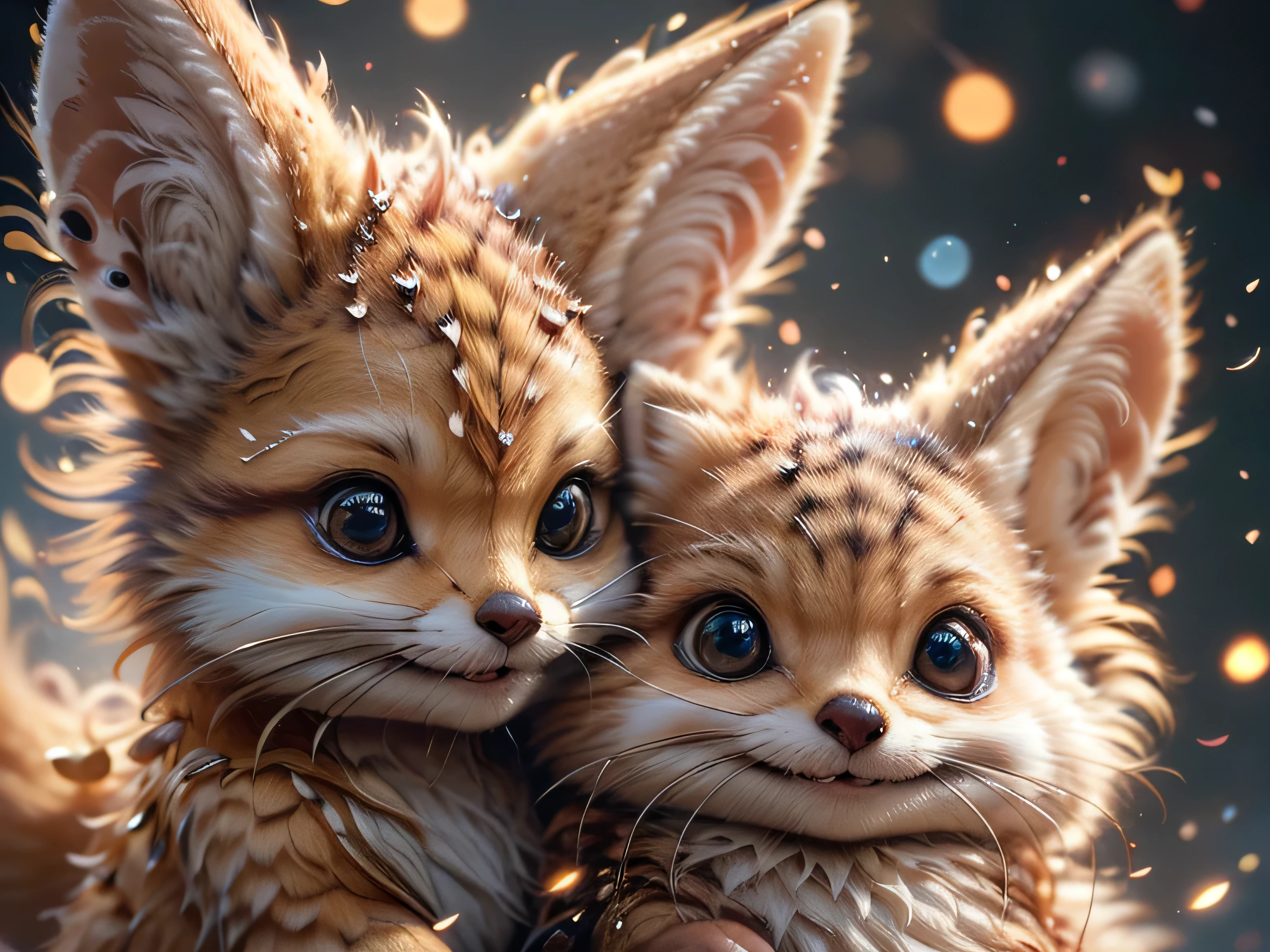 close-up photo super cute, big-eyed, with a soft, gentle nose, fluffy, smiling with two teeth, fennec fox on a natural background, realistic, beautiful, sparkles, stars in the eyes, soft volumetric light, (backlight:1.3), (cinematic:1.2), intricate details, (ArtStation:1.3), Rutkowski --auto --s2