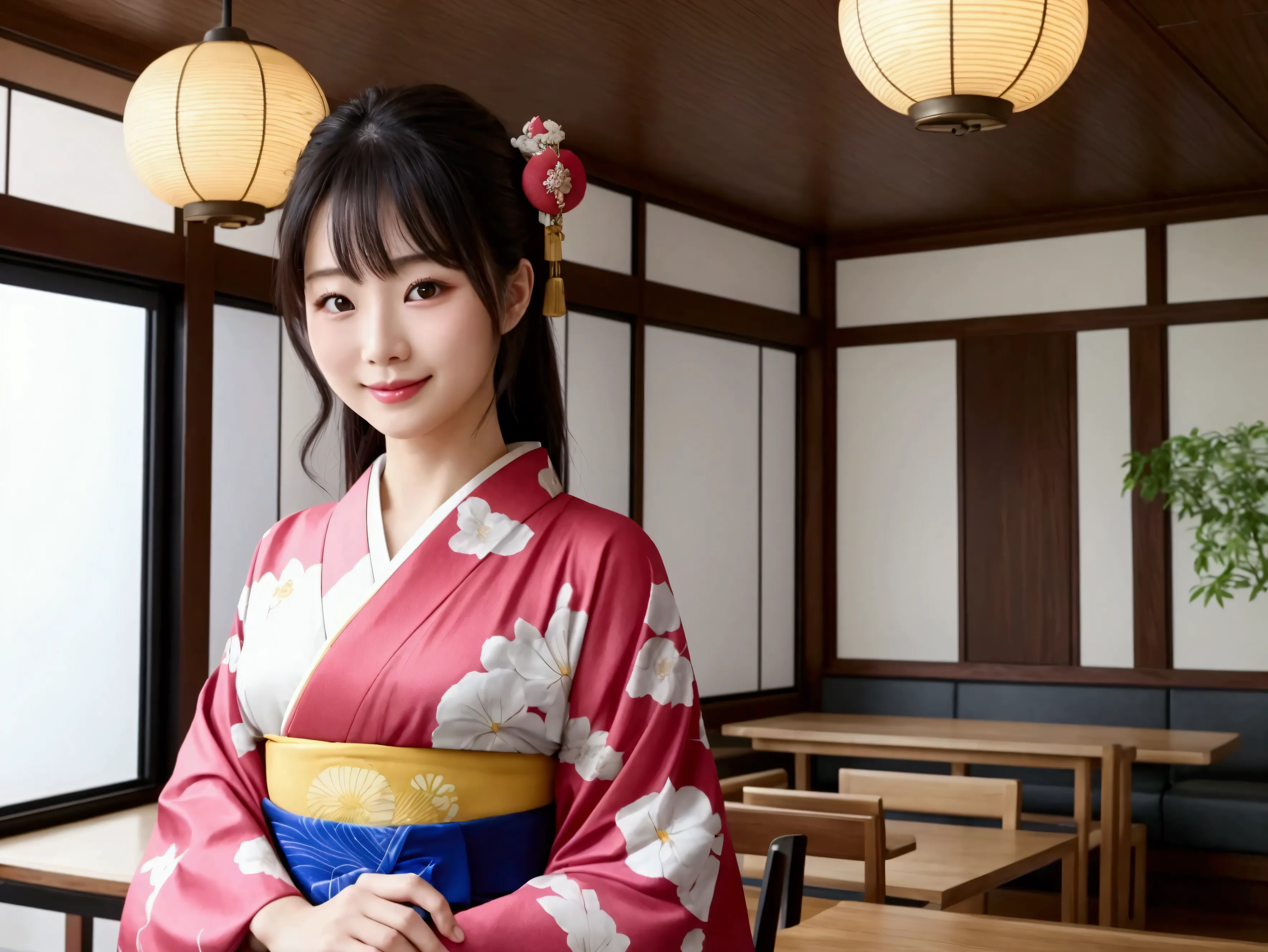 smile、8k quality、highest quality、beautiful eyes、healthy body shape、traditional japanese beauty、a beautiful kimono-clad woman ble...