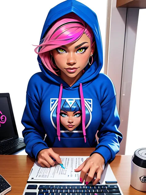 zendaya , 1girl, blue eyes, blue hoodie, computer, earrings, hood, hoodie, jewelry, keyboard (computer), logo, logo parody, mous...