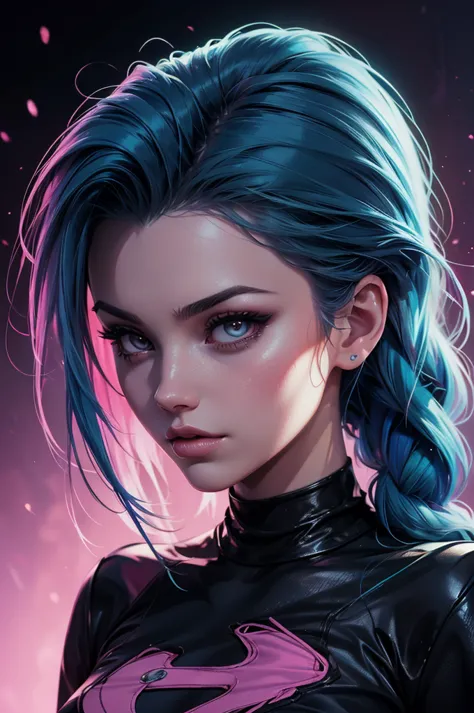 a woman with blue hair and a black shirt is standing in front of a pink background, lois van baarle and rossdraws, portrait of j...