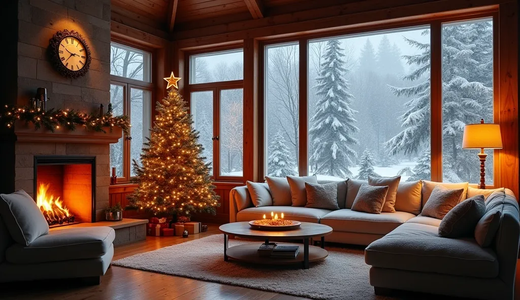 a cozy living room with a double-height ceiling, large floor-to-ceiling windows covered in frost, warm wooden floors, a crackling fireplace, plush sofas with soft throws, and a Christmas tree decorated with lights and ornaments. Snow-covered landscape visible through the windows. Soft ambient lighting with natural light filtering through the windows. Captured with a high-resolution DSLR, 35mm lens, f/2.8 aperture, ISO 100. Ultra-realistic, cinematic shot, 8k resolution, HDR rendering, soft shadows, and detailed textures.