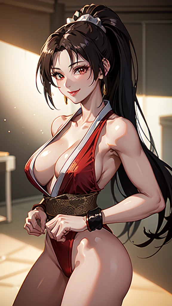 ((Mai Shiranui,ponytail:1.3)),upper body, Looking at the audience,Slim and sexy figure, the best quality, (8k), (4K),(masterpiece), (the best quality), Extremely detailed, Game CG, Ultra Detailed, illustration, Beautiful Body,Beautiful nose,fair character design, Perfect Eye, Perfect Face , 1 girl, 30 years,Fair Finger,Fair body, Fair Nose,Fair character design, perfect Eye, perfect Face,expressive Eye,Perfect balance,(Focus on her Face),(Light_Smile:0.3), official art,Extremely detailed CG Unity 8K wallpaper, Perfect lighting,rich and colourful, bright_front_Face_Lighting,White skin, (masterpiece:1.0),(the best_quality:1.0), Ultra-high resolution,4K,Ultra Detailed, photography, 8k, HDR, high resolution, Kodak Portrait 400, Film Grain, Blurred background, bokeh:1.2,Professional photographer, (Fair,Big goals_Chest:1.4), underwear,lace, underwear, lingerie、(((smile,pretty face:1.3)))