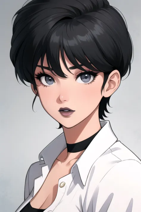 ranma-chan. very short hair. choker. grey eyes. black hair. black lips. all white tight shirt. a photo of a face in the vicinity...