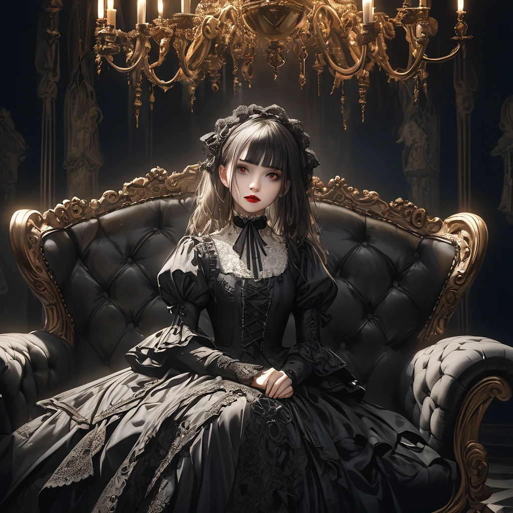 a beautiful gothic lolita girl, 1girl, sitting alone on a black sofa, wearing a detailed black dress with white lace, surreal, high resolution, extremely detailed, most detailed, red lips, baroque, intricate, cinematic lighting, dramatic composition, rich textures, vivid colors, photorealistic, "goth girls" style