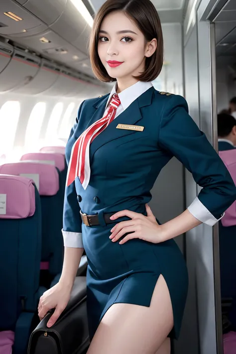 masterpiece, high-detail, the most pornographic airline stewardess in the world, ((pornographic)), in air hostess costume, brune...