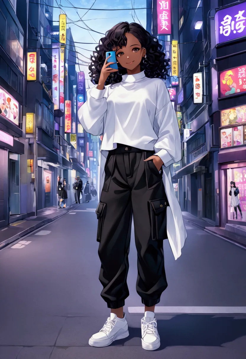 (best qualityer), (background of a city, as if she were in downtown tokyo at night), (detailded), 1 girl, with dark skin (black)...