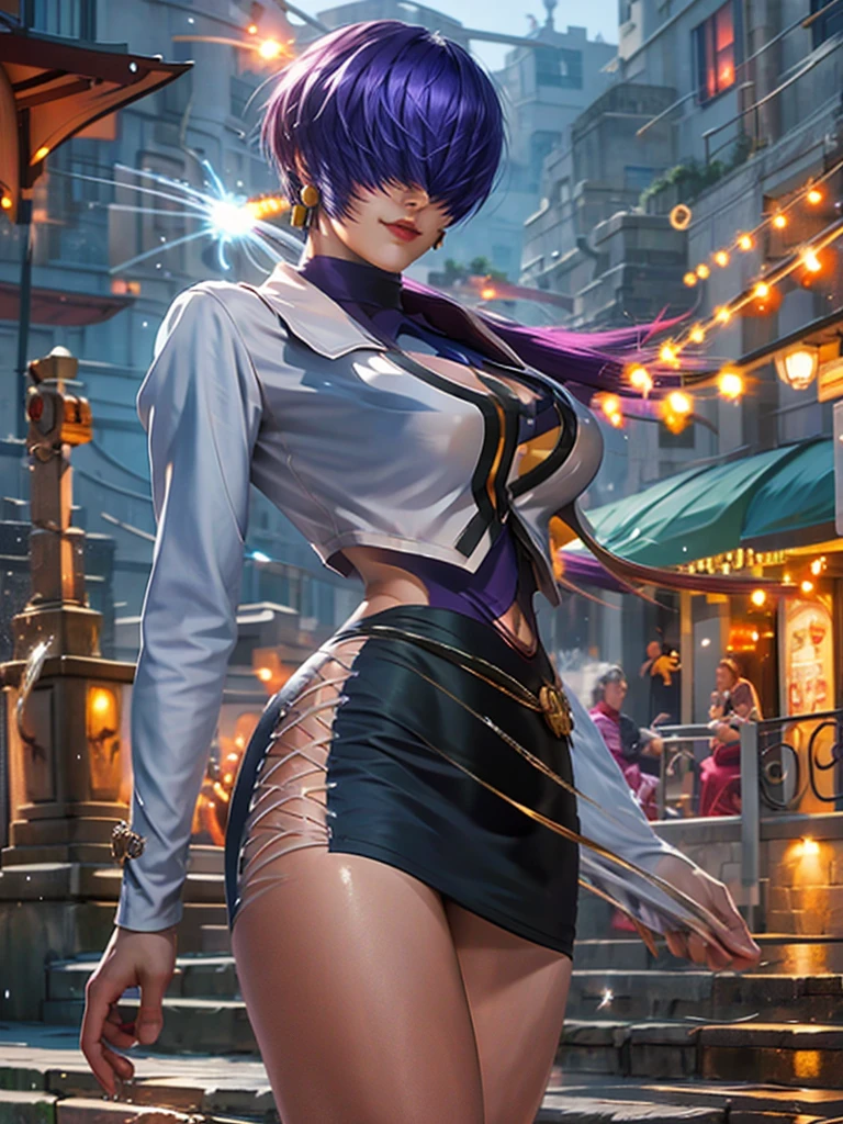 (at night), alone, in a video game scene, a background of a beautiful city during the day raining, standing at attention, purple hair with bangs covering his eyes completely, he wears a beautiful black Mexican mariachi costume with gold details and dress long ((bangs covering eyes)), 1 girl, alone, 20 years old, woman young, perfect and beautiful hands with perfect fingers, beautiful long legs, perfect legs, beautiful body, beautiful nose, beautiful character design, perfect face, looks at viewer (focusing on entire character), closed mouth, Light_Smile, official art, extremely detailed 8k CG wallpaper unit, perfect lighting, bright and colorful front lighting, glowing skin (masterpiece: 1.0), (best quality: 1.0), ultra high resolution, 4K, ultra detailed photography, 8K, HDR, high resolution, nonsense: 1.2, Kodak portra 400, film grain, background blur, bokeh: 1.2, lens flare, (vibrant_color: 1.2) , professional photography, (beautiful_face: 1.5), (narrow waist), Masterpiece, Best quality, Depth of field,
