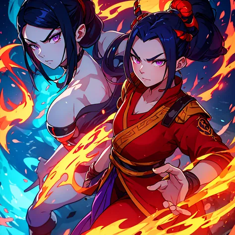 1girl, dark blue hair tied up in fire nation pin, purple eyes, wearing avatar fire nation outfit. barefoot. best quality, lookin...