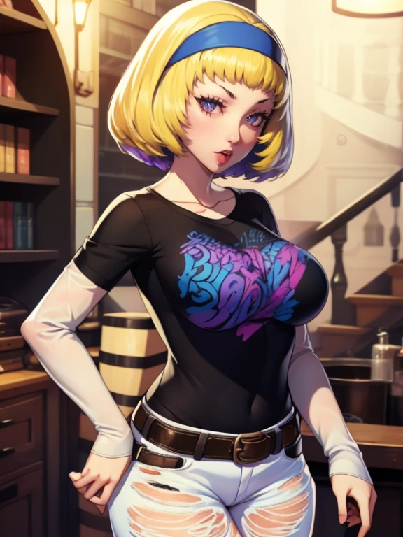 constance, purple eyes, headband, 1girl, solo, black t-shirt, white shirt, jeans, belt, lipstick, large breasts, layered sleeves, blonde hair