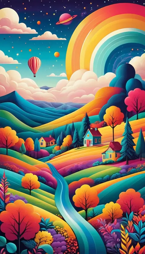 an paisaje alienígena bursting with vibrant colors and whimsical features would captivate the imagination in a pop illustration....