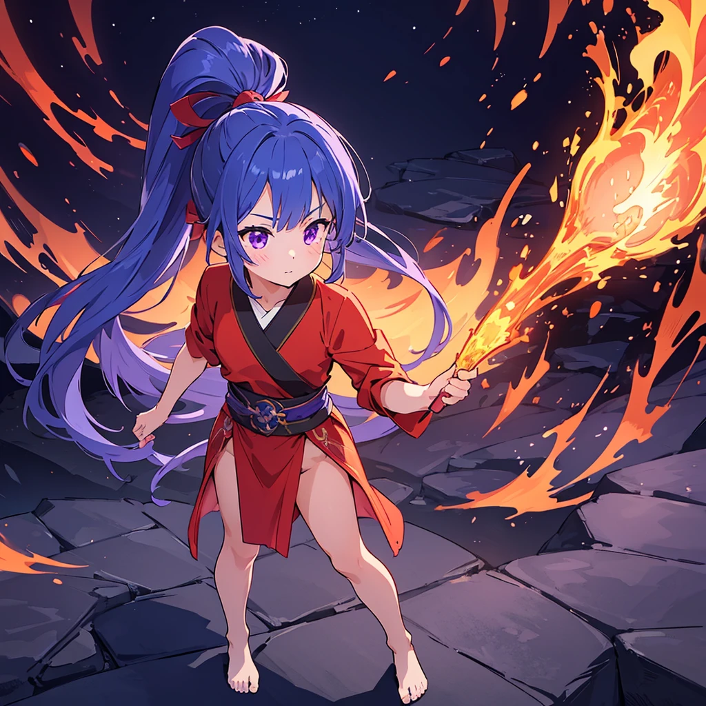 1girl, dark blue hair tied up in fire nation pin, purple eyes, wearing Avatar Fire Nation outfit. Barefoot. best quality, looking at viewer, perfect face, standing with pillars in the background, intricate detail, masterpiece, perfect muscular body