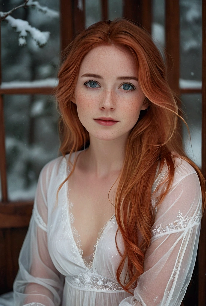 "A girl with copper-colored hair, gray eyes, fair skin, wearing a long white see through nightgown. There is snow behind her, and the bottom edges of her dress have red stains. She looks calm and beautiful. 