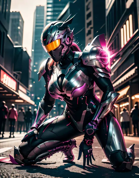 futuristic warrior in pink armor、big breasts, kneeling in a powerful position、, holding a shiny futuristic axe、, helmet with vis...